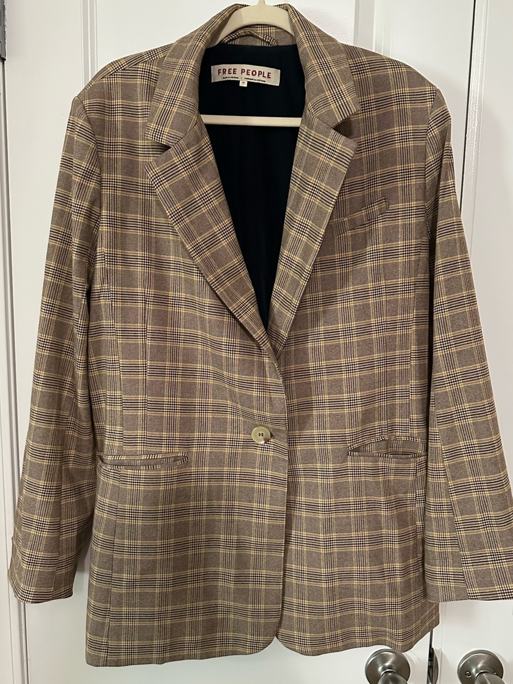 Free People Tan and Brown Plaid Oversized Blazer Jacket